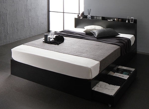 黒・白の設定がある木目デザイン収納ベッド